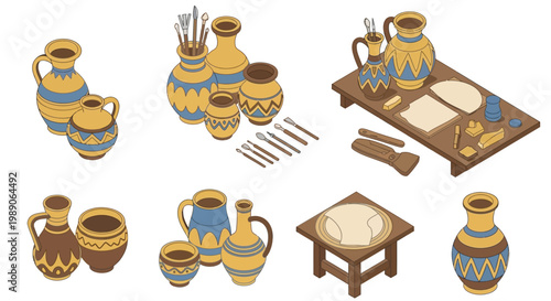 An isometric view of ancient pottery and tableware on wooden surfaces