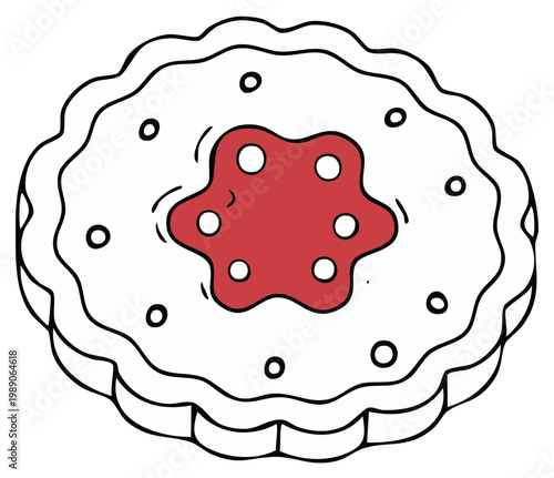 Sweet cartoon cookie with red jam center and decorative scalloped edges