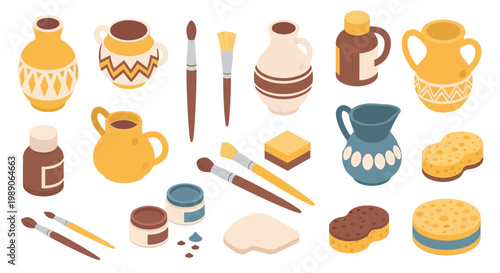 Colorful collection of ceramic pottery painting tools and clay elements