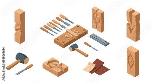 Isometric illustration of wood carving tools and partially carved wooden blocks