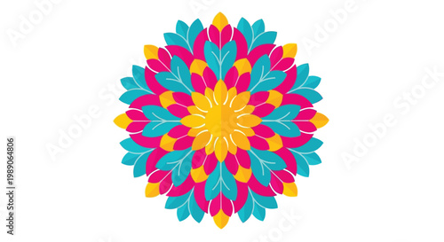 A vibrant symmetrical floral mandala with yellow pink and teal hues