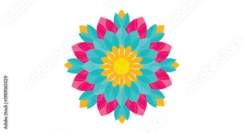 A vibrant floral mandala design with pink teal and yellow hues