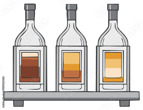 Three Transparent Bottles With Layered Spirits Displayed On A Shelf