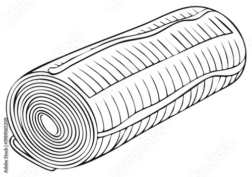 Rolled yoga mat or camping pad with binding straps in simple line drawing illustration style