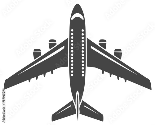 Airplane Vector Illustration From Top View, Airline Transportation Icon, Passenger Jet Plane Silhouette in Dark Gray Color