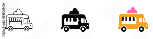Ice cream truck icon set, outline design, solid, and colored, editable vector, modern icon pack featuring mobile dessert vans in multiple styles