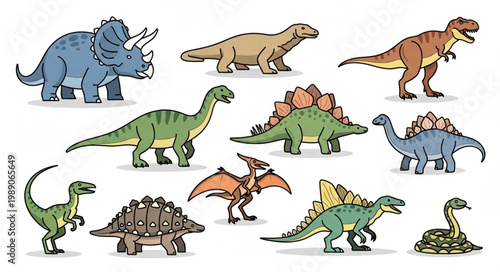 Collection of Diverse Dinosaur Illustrations in Cartoon Style.