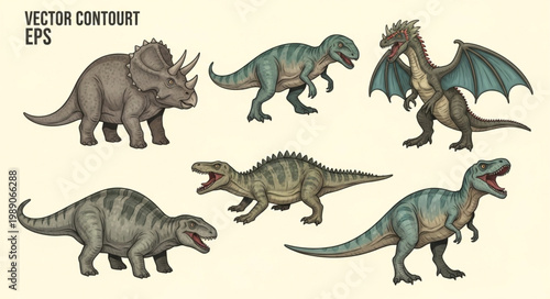 Collection of diverse dinosaur illustrations in vector art style.