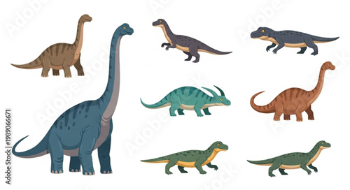 Collection of diverse cartoon dinosaurs in various poses.