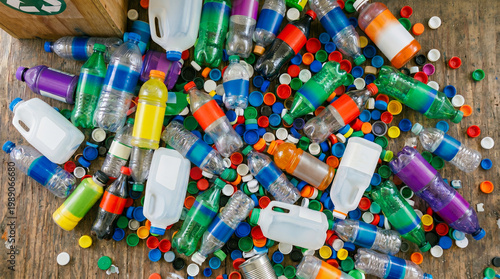 Canvas Print ​A top-down view of a colorful assortment of plastic bottles