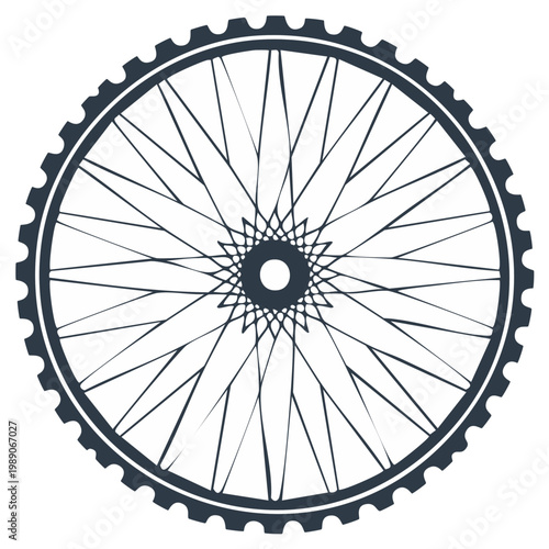 Stylized bicycle wheel with gear tread and geometric spokes vector illustration