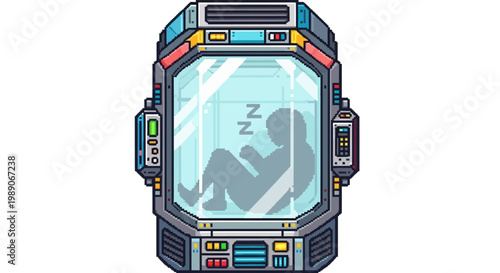 Futuristic Cryo Pod with Sleeping Person Inside.