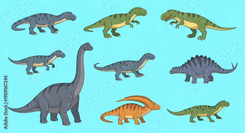 Collection of Nine Different Dinosaur Illustrations on Blue Background.