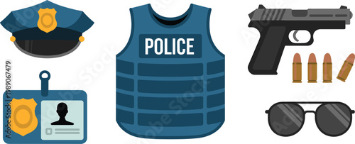 Essential police gear set including badge vest handgun bullets sunglasses and identification card