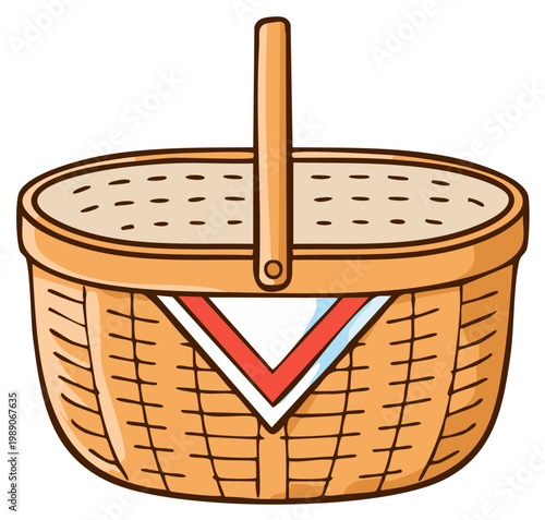 Classic cartoon wicker picnic basket illustration with handle and red napkin