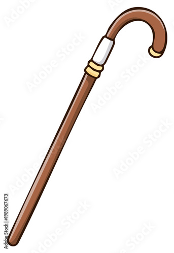 Elegant cartoon brown walking stick with curved handle and golden details illustration