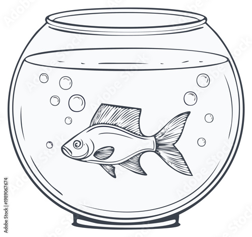 Hand drawn illustration of a small fish in a glass fishbowl with water bubbles