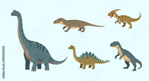 Collection of diverse prehistoric dinosaur species illustration.