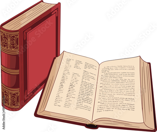 Vintage hardcover book and open pages illustration showcasing classic literature and reading
