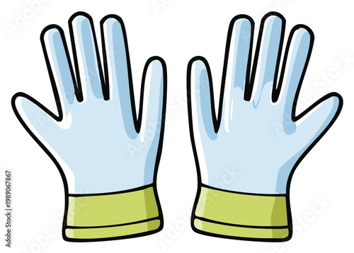 Pair of light blue translucent hand gloves with yellow cuffs, cartoon style
