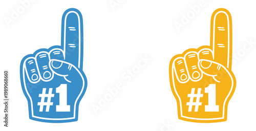 Number one foam fingers in blue and yellow isolated vector illustration, sports fan cheering hand accessory, stadium support