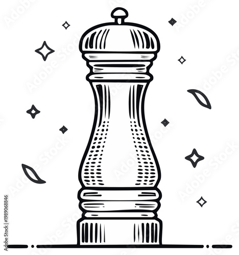 Sketch of a pepper grinder with decoration elements spice mill seasoning tool kitchen utensil illustration art
