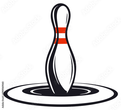 Classic white bowling pin with red stripes standing on circular target graphic vector illustration