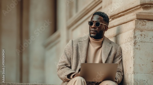 Stylish affluent person using mobile phone or laptop to invest in cryptocurrency in urban environment with natural light, muted cinematic tones, authentic candid lifestyle moment