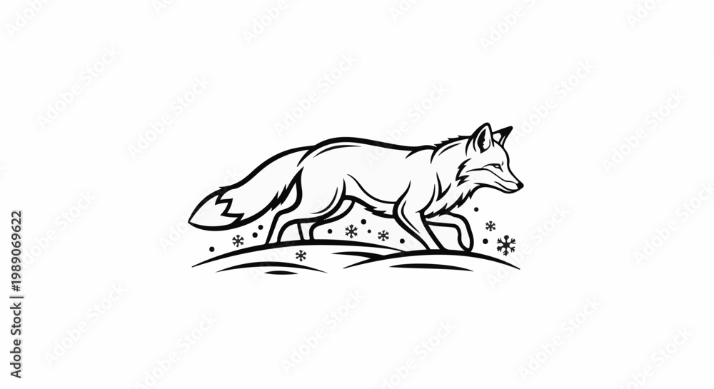 Fototapeta premium A black and white illustration of a fox walking through the snow