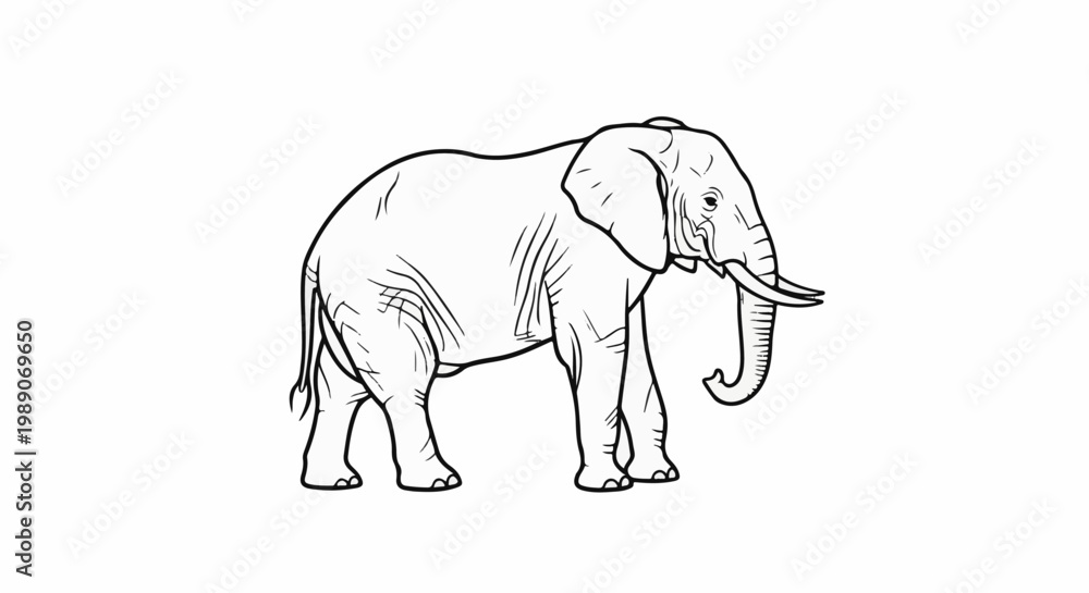 Fototapeta premium A black and white line drawing of a large elephant standing on a white background