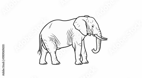 A black and white line drawing of a large elephant standing on a white background