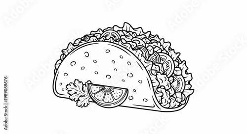 A black and white line drawing of a loaded taco with a lime wedge