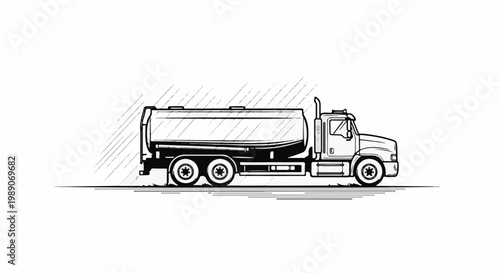A black and white illustration of a large tanker truck driving on a road under a streaked sky