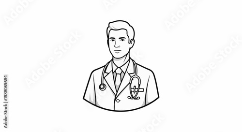A black and white line drawing of a male doctor wearing a stethoscope