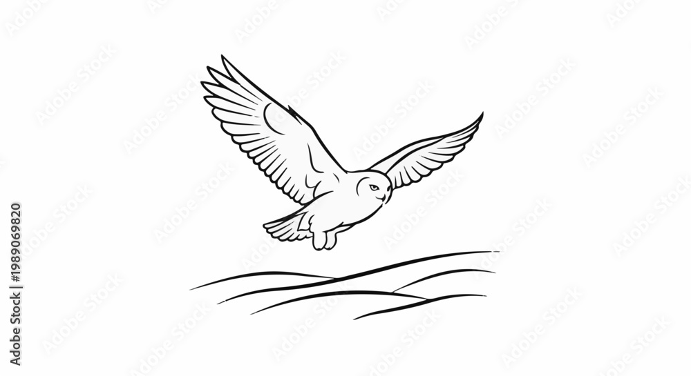 Obraz premium A black and white line drawing of a snowy owl in flight over wavy lines