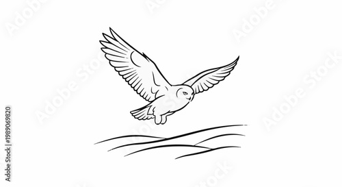A black and white line drawing of a snowy owl in flight over wavy lines