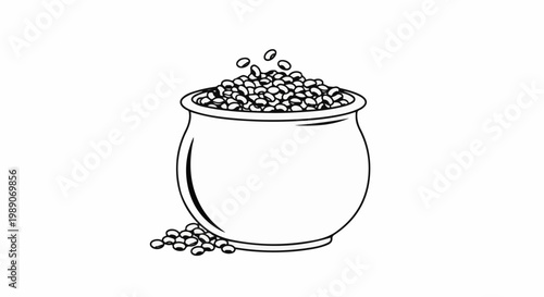 A black and white illustration of a pot filled with many small beans, some spilled