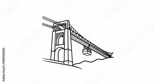 A black and white line drawing of a suspension bridge with a cable car over water