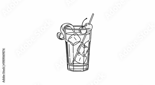 A black and white line drawing of a tall glass of iced drink