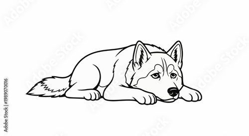 A black and white line drawing shows a dog resting its head on its paws