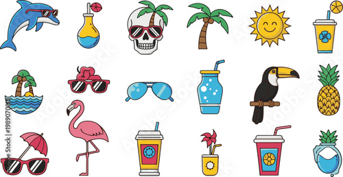 Colorful summer vacation icons including tropical symbols and drinks