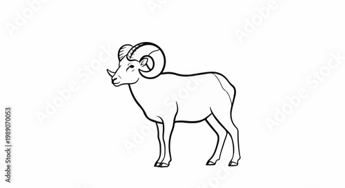 A black outline drawing of a ram with large curved horns