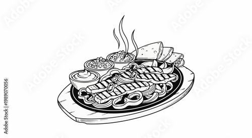 A black and white illustration of a sizzling fajita platter with grilled meat