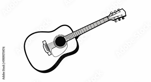 A black and white illustration of an acoustic guitar on a white background