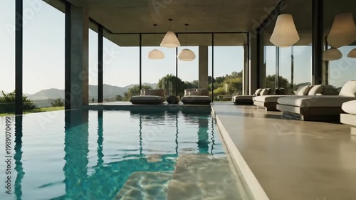 Modern indoor swimming pool overlooking scenic landscape with contemporary design and luxury furnishings