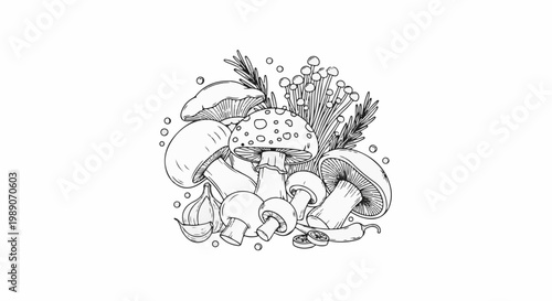 A black and white illustration of various mushrooms with herbs and spices
