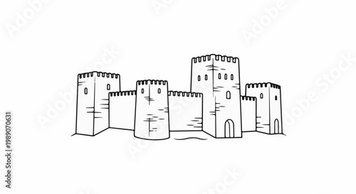 A black and white line drawing depicts a medieval fortress with multiple towers