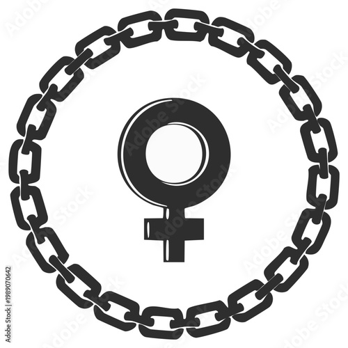 Female symbol enclosed by a strong metal chain representing confinement or empowerment
