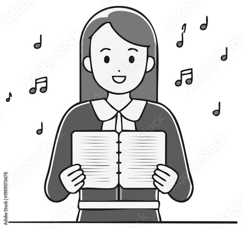 Woman singing from a music sheet, surrounded by musical notes, cartoon illustration.