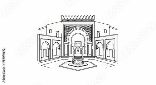 A black and white line drawing depicts a courtyard with arched entrances and a central well